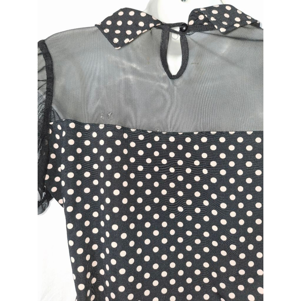18 Forever 21 womens rockabilly vtg goth Witchy Black & White Polka Dot Blouse L - Picture 3 of 4